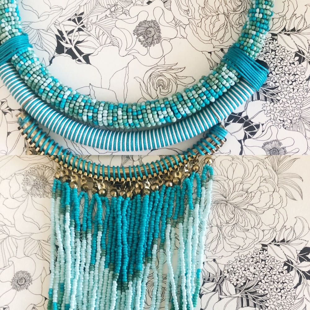 Turquoise Color Seed Bead Statement Necklace - image 2